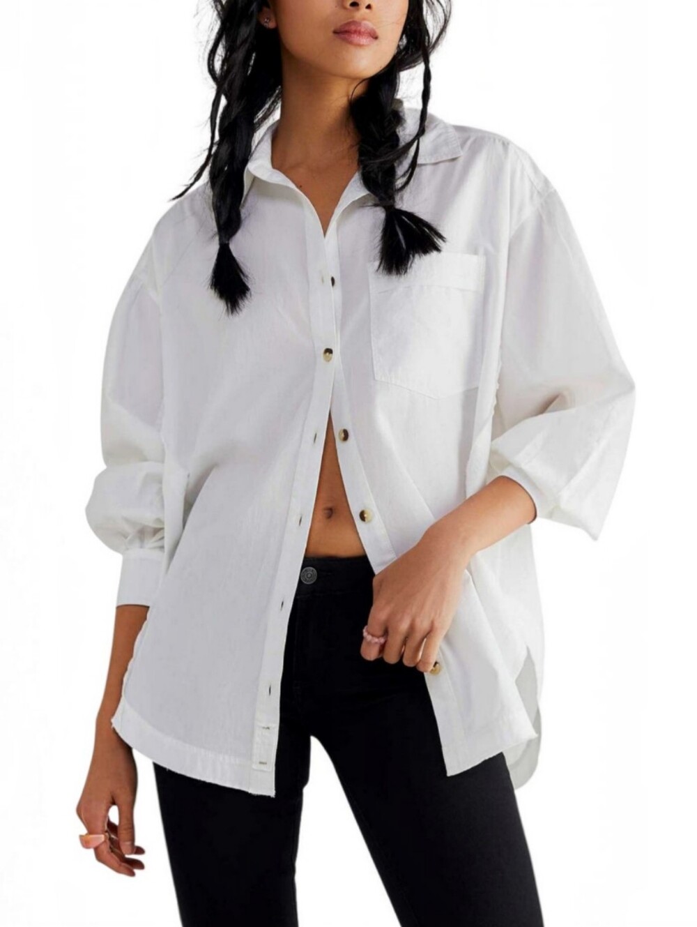 We The Free White Happy Hour Oversized Poplin Button-Up Shirt, L,